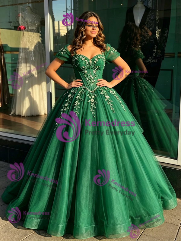 Green Tulle Off the Shoulder Beading Quinceanera Dress