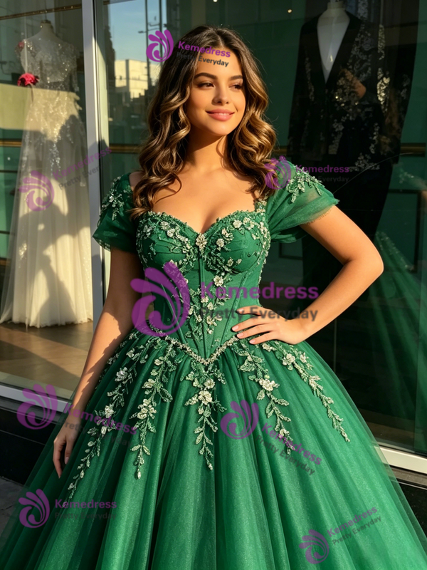 Green Tulle Off the Shoulder Beading Quinceanera Dress