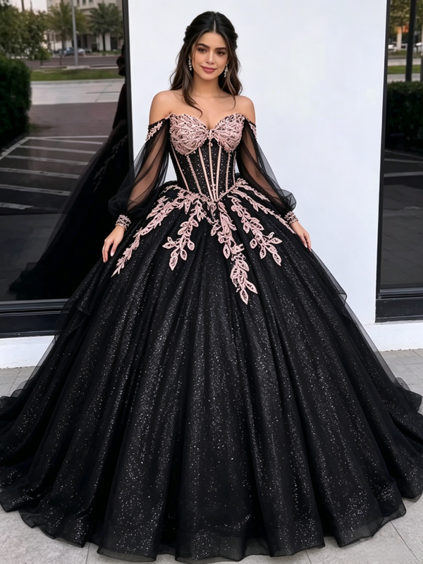 Black Tulle Off the Shoulder Appliques Quinceanera Dress
