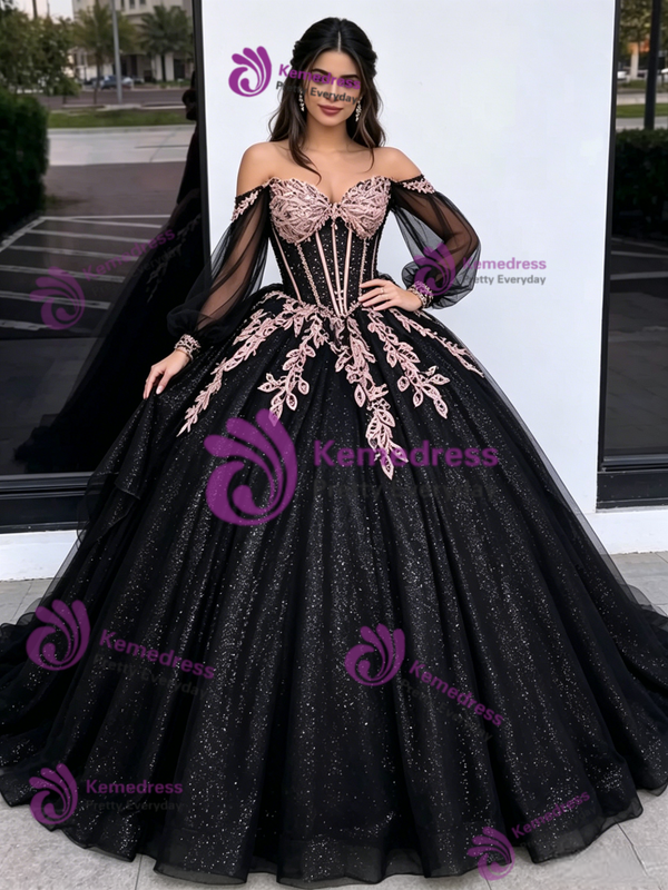 Black Tulle Off the Shoulder Appliques Quinceanera Dress