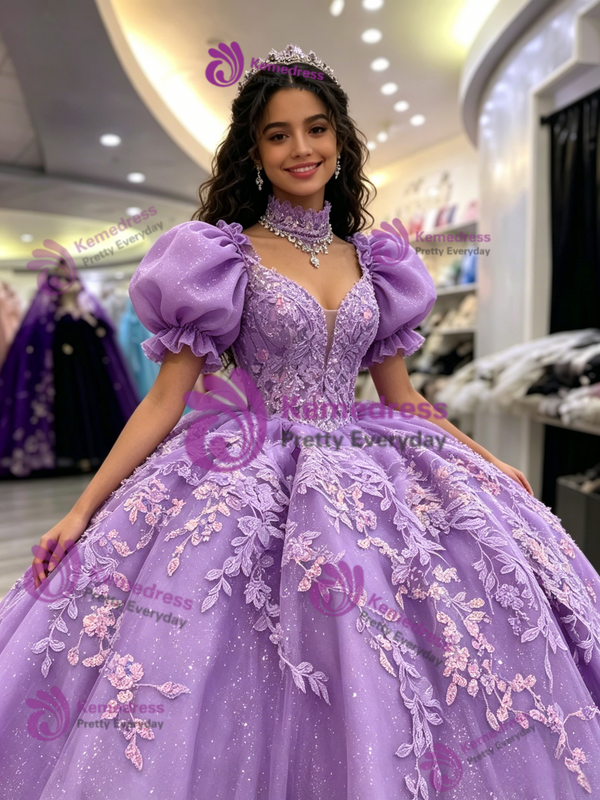 Purple Tulle Puff Sleeve Appliques Quinceanera Dress
