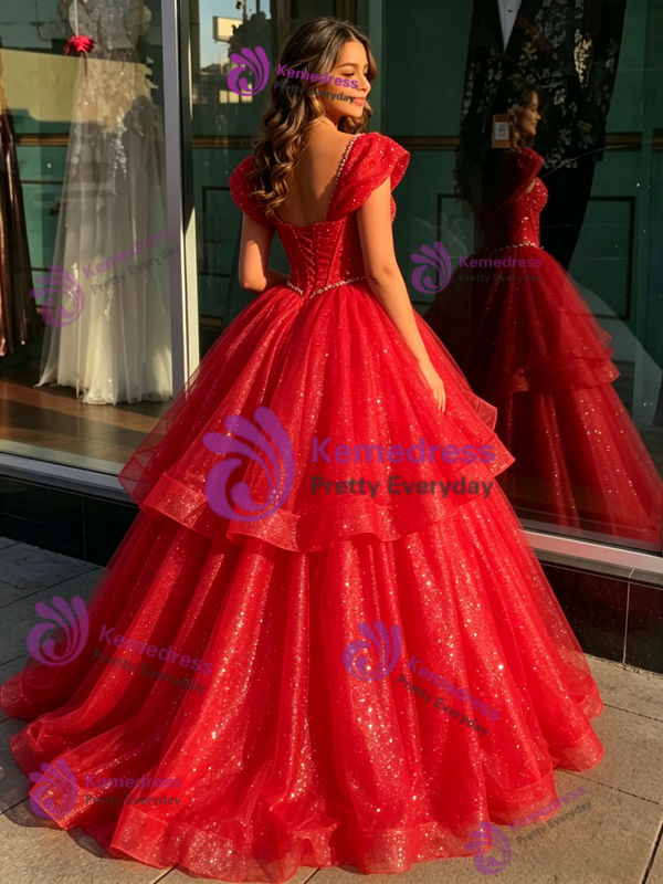 Red Tulle Sequins Beading Quinceanera Dress