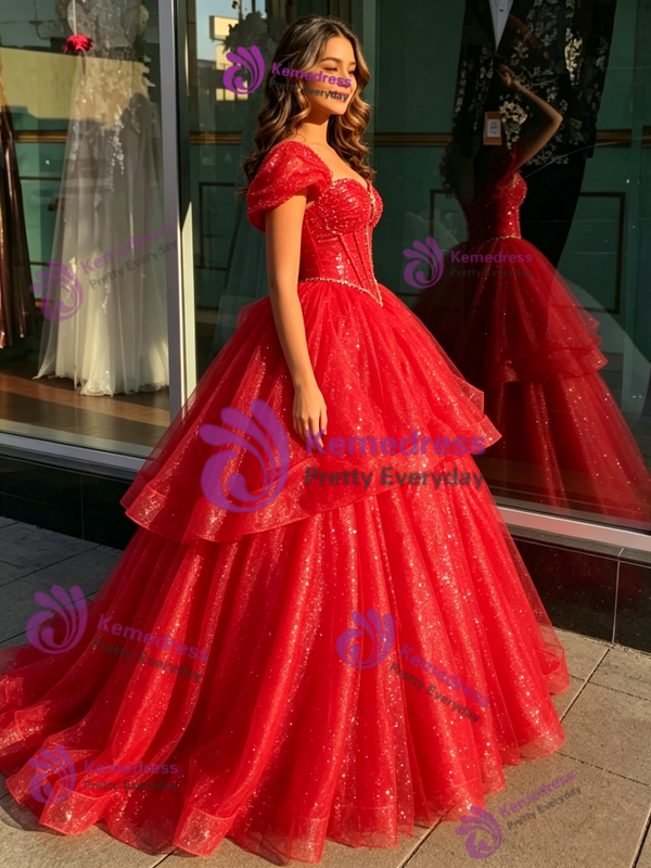 Red Tulle Sequins Beading Quinceanera Dress