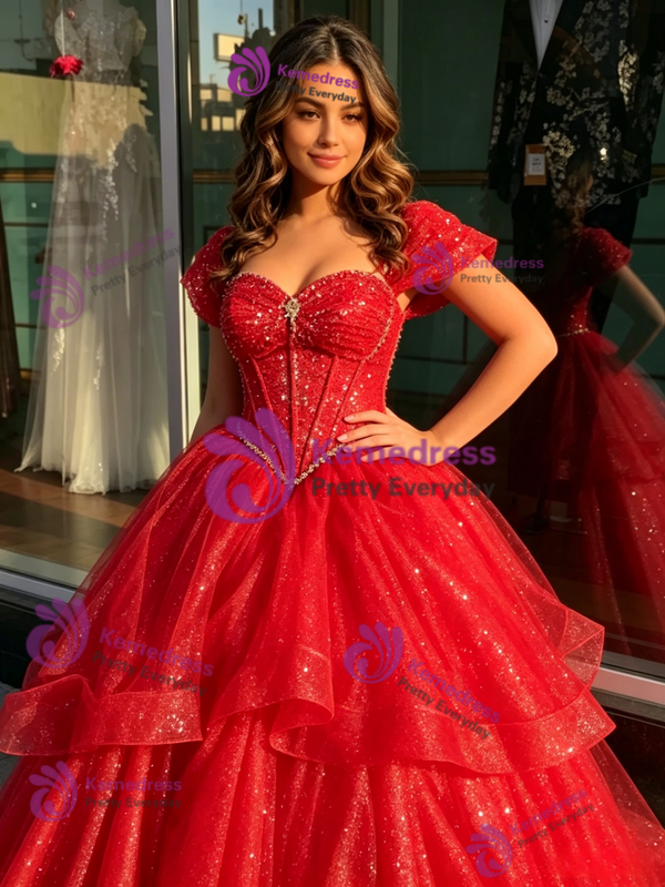 Red Tulle Sequins Beading Quinceanera Dress