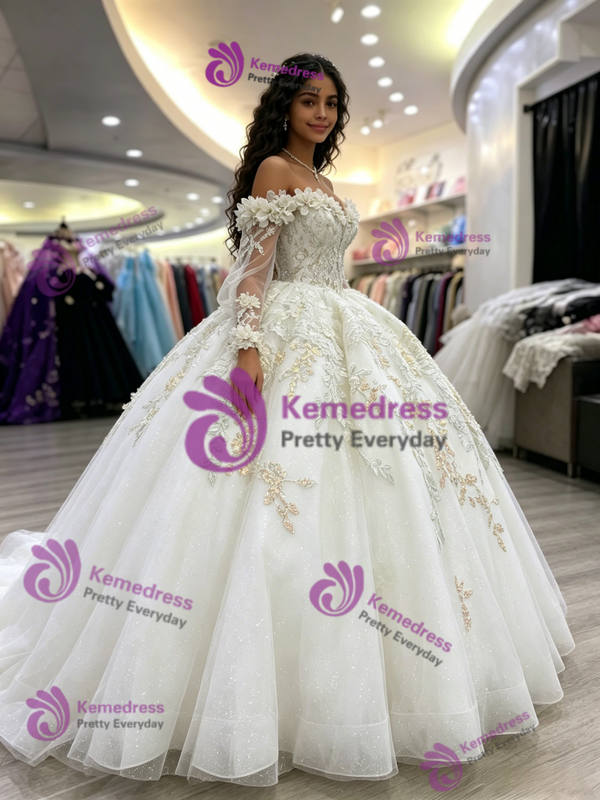 White Tulle Off the Shoulder Appliques Quinceanera Dress