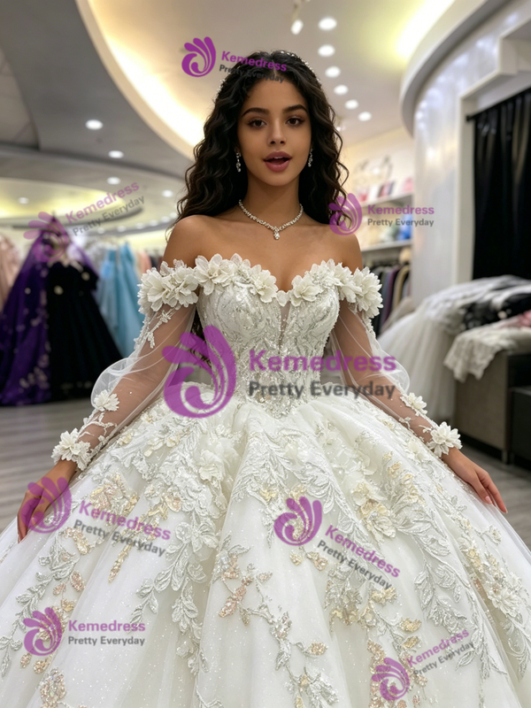 White Tulle Off the Shoulder Appliques Quinceanera Dress