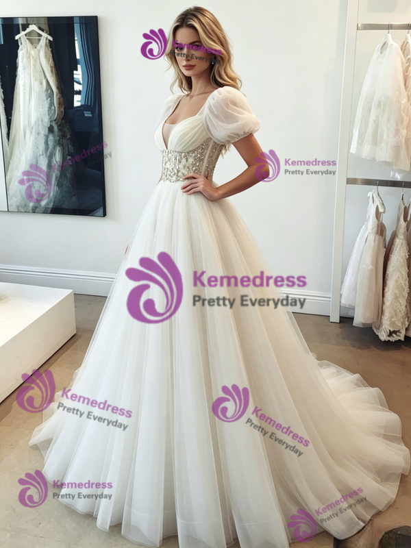 Simple White Tulle V-Neck Puff Sleeve Wedding Dress