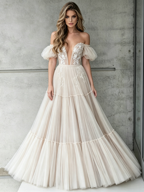 Ivory Tulle Lace Off The Shoulder Puff Sleeve Wedding Dress
