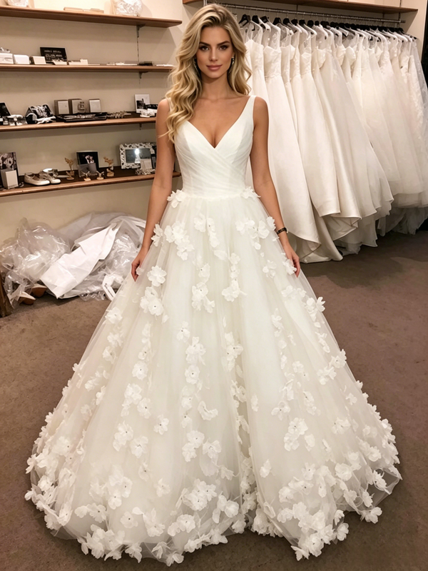 White Tulle V-Neck 3D Flower Wedding Dress