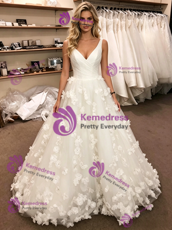 White Tulle V-Neck 3D Flower Wedding Dress