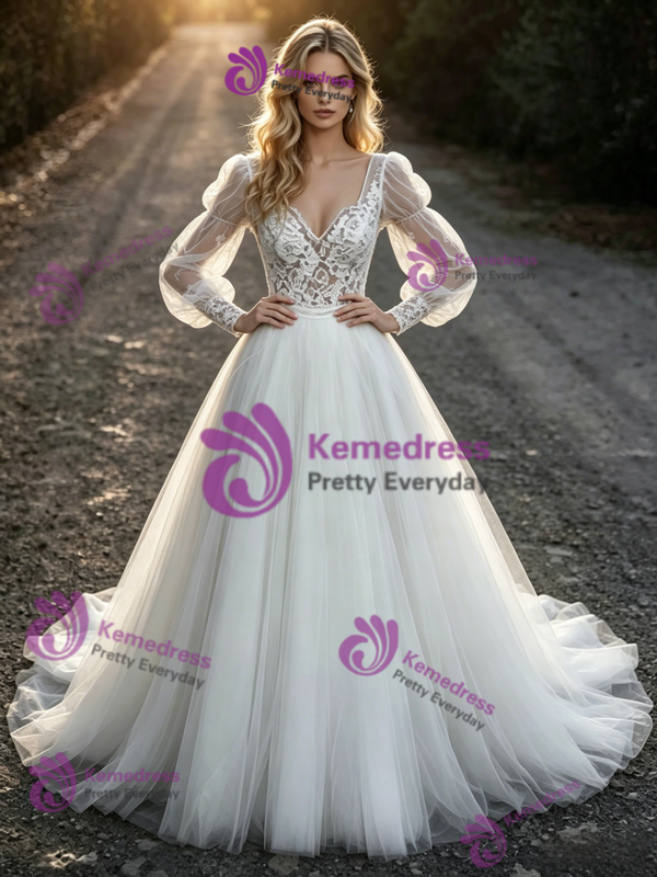 White Tulle Lace Square Neck Long Sleeve Wedding Dress