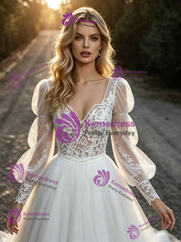 White Tulle Lace Square Neck Long Sleeve Wedding Dress
