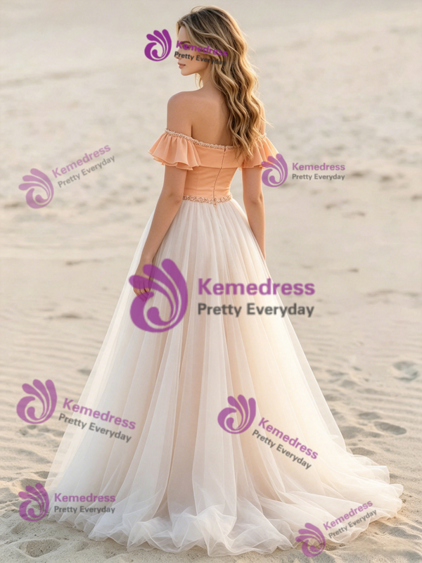 Chamapgne Tulle Off the Shoulder Beading Wedding Dress