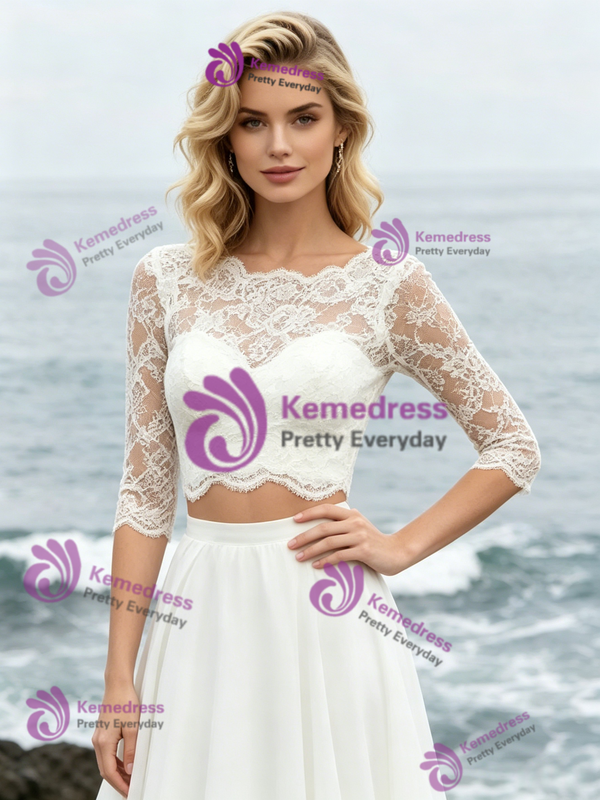 White Two Piece Short Sleeve Wedding Dress