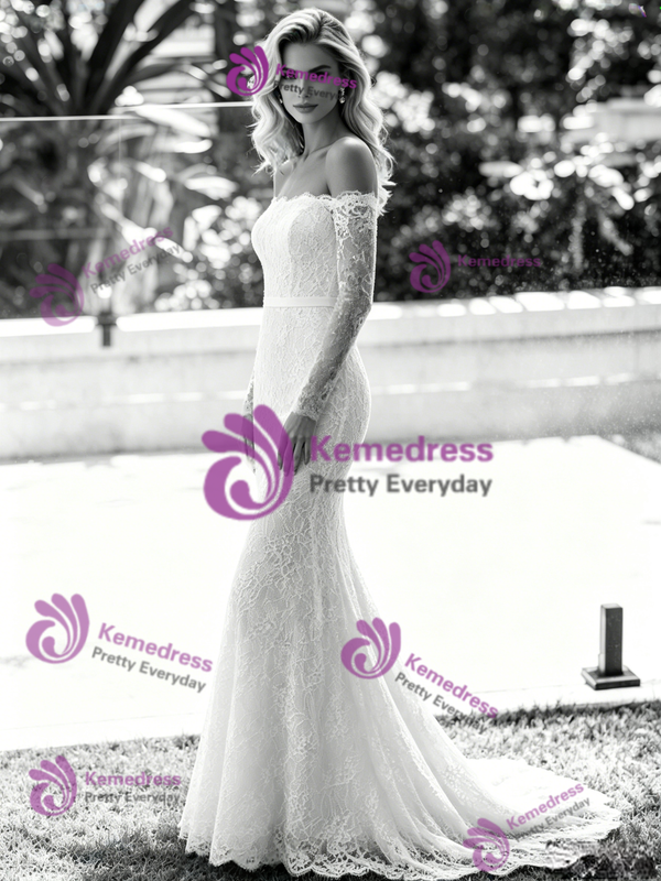 White Mermaid Lace Long Sleeve Wedding Dress