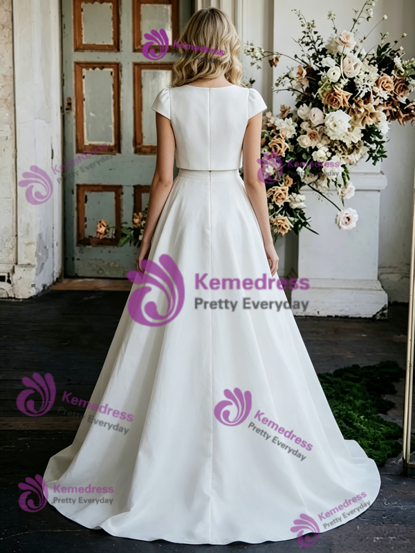 White Satin Cap Sleeve Two Piece Wedding Dress