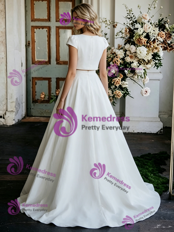 White Satin Cap Sleeve Two Piece Wedding Dress