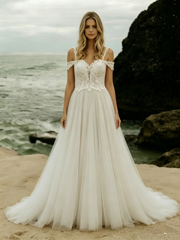 White Tulle Straps Lace Wedding Dress