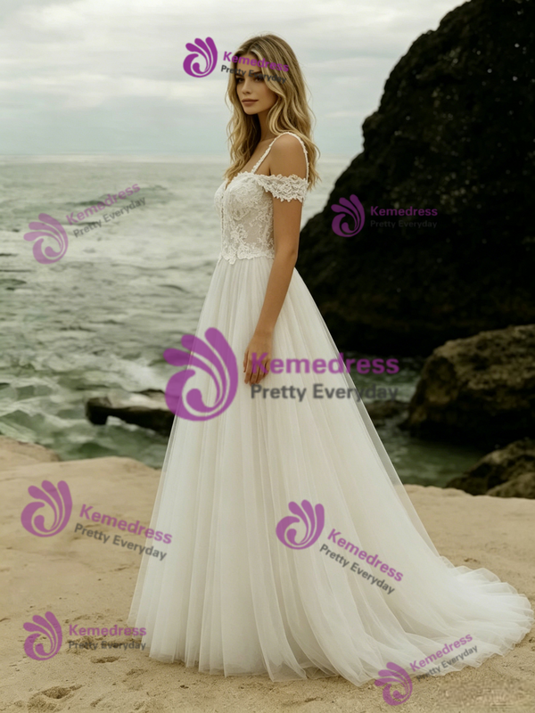 White Tulle Straps Lace Wedding Dress