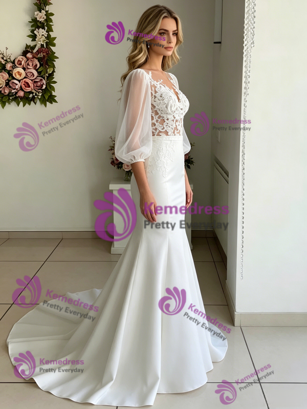 Sexy White Tulle V-neck Split Wedding Dress