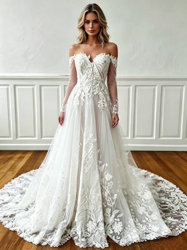 White Tulle Appliques Long Sleeve Wedding Dress