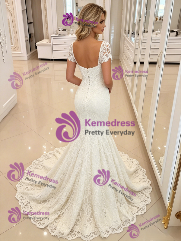 Simple White Mermaid Lace Short Sleeve Wedding Dress