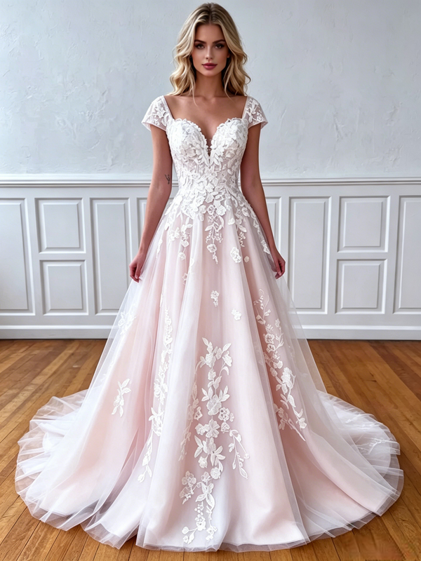 Champagne Tulle Appliques Cap Sleeve Wedding Dress