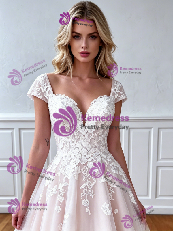 Champagne Tulle Appliques Cap Sleeve Wedding Dress