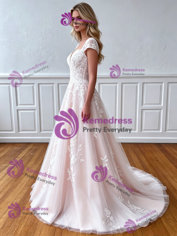 Champagne Tulle Appliques Cap Sleeve Wedding Dress