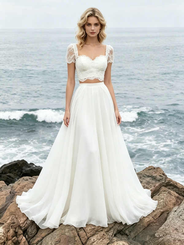 Champagne Tulle Appliques Cap Sleeve Wedding Dress