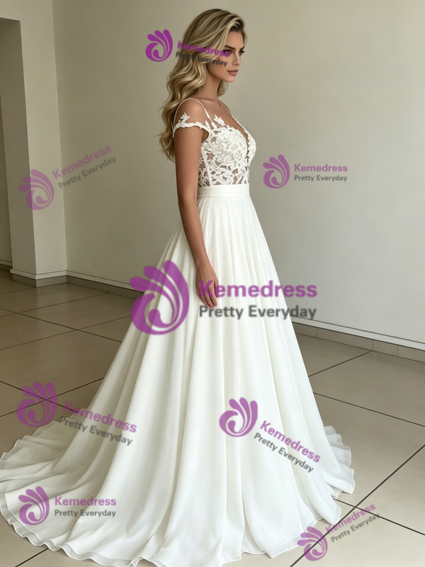 Beach White Chiffon Lace Wedding Dress