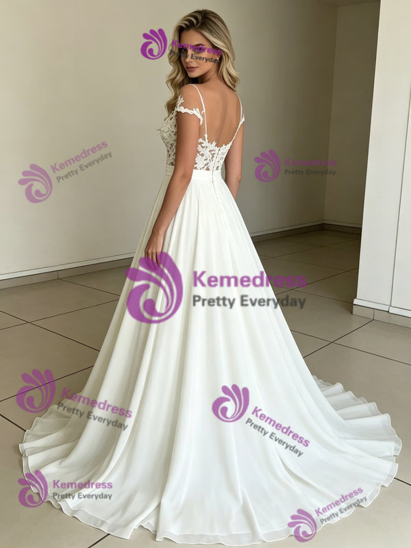 Beach White Chiffon Lace Wedding Dress