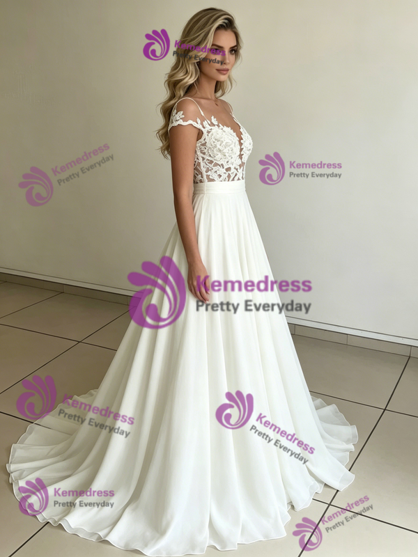 Beach White Chiffon Lace Wedding Dress
