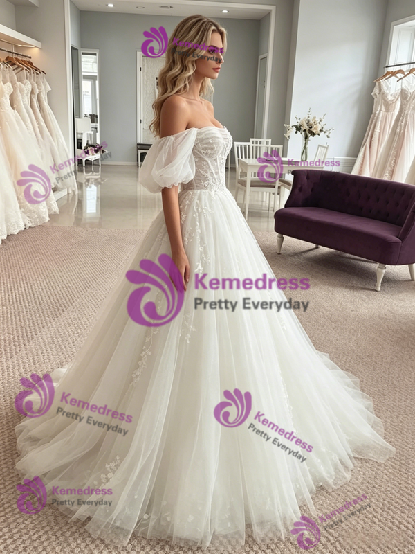 White Tulle Appliques Puff Sleeve Wedding Dress