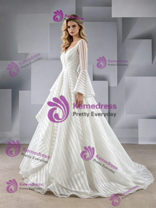 White Long Sleeve Square Neck Wedding Dress