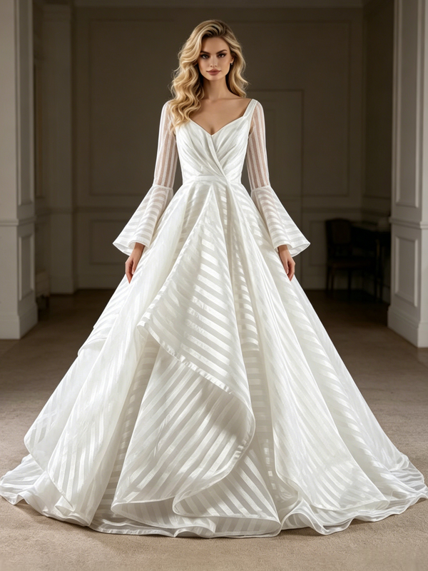 White Long Sleeve Square Neck Wedding Dress