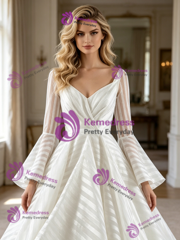 White Long Sleeve Square Neck Wedding Dress