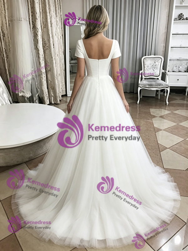 White Tulle Square Neck Short Sleeve Wedding Dress