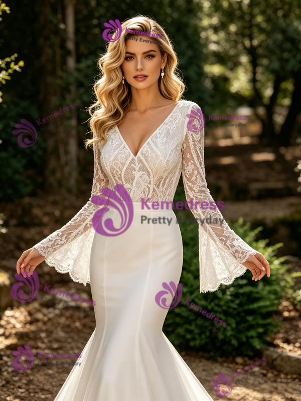White Mermaid Tulle Lace Long Sleeve Wedding Dress