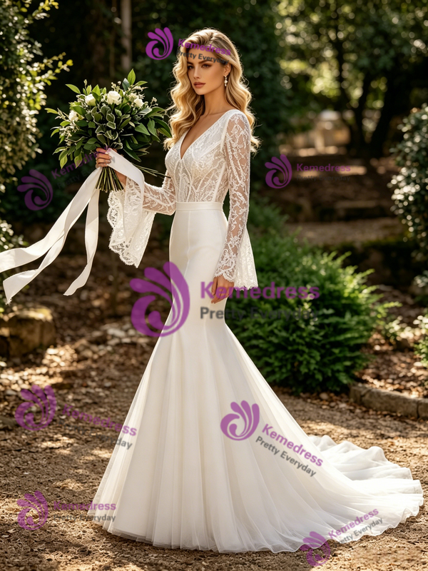 White Mermaid Tulle Lace Long Sleeve Wedding Dress