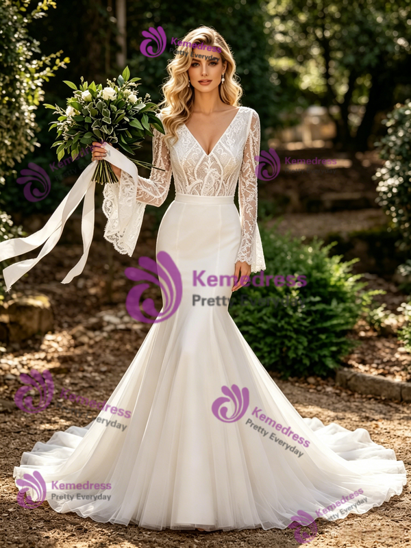 White Mermaid Tulle Lace Long Sleeve Wedding Dress