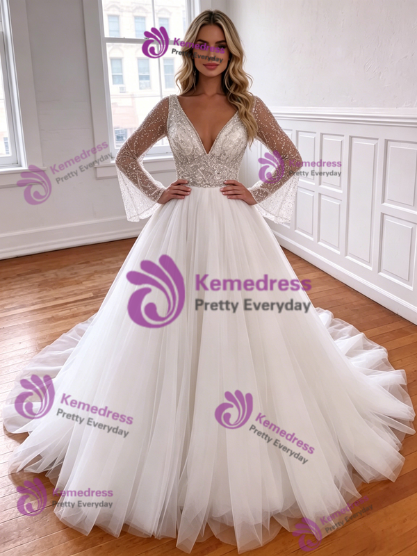 White Tulle V-neck Long Sleeve Wedding Dress
