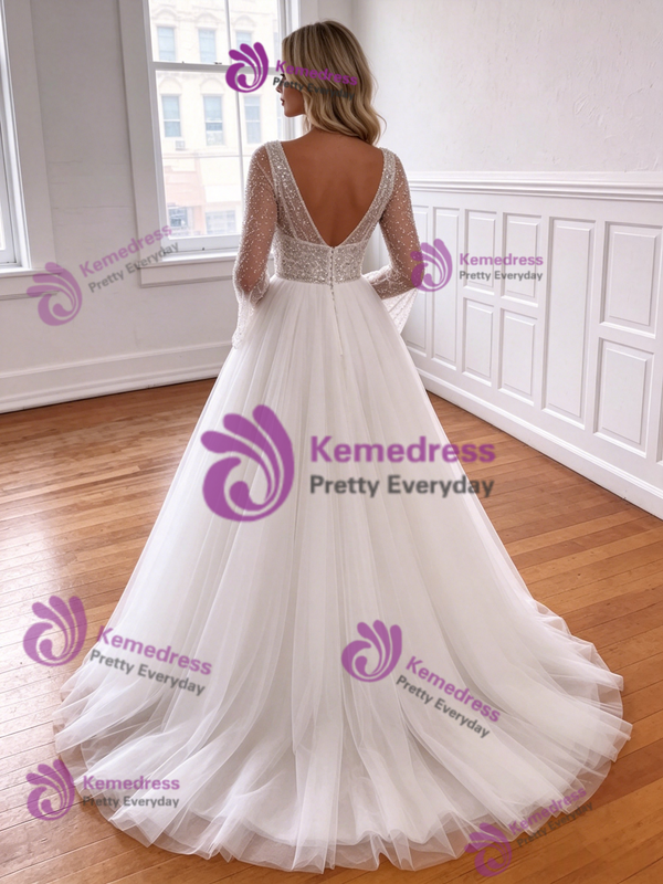 White Tulle V-neck Long Sleeve Wedding Dress