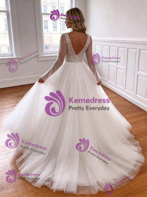 White Tulle V-neck Long Sleeve Wedding Dress