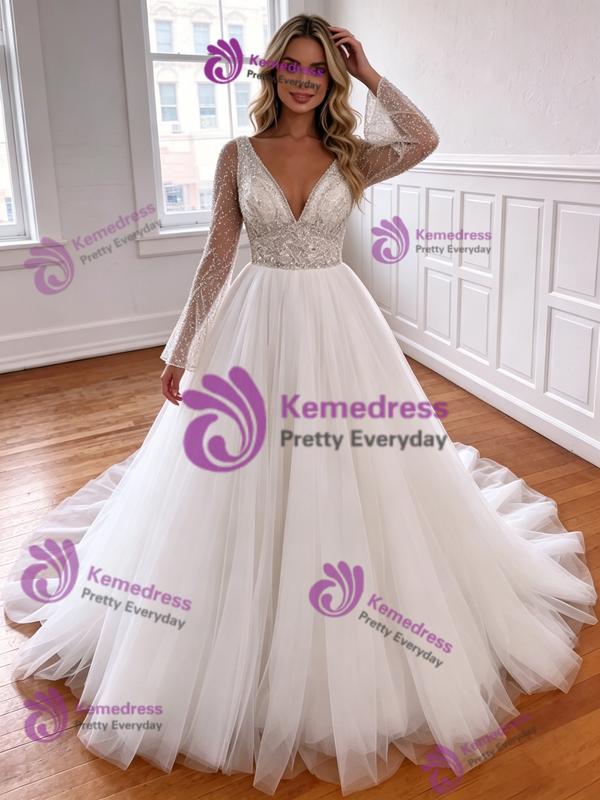 White Tulle V-neck Long Sleeve Wedding Dress
