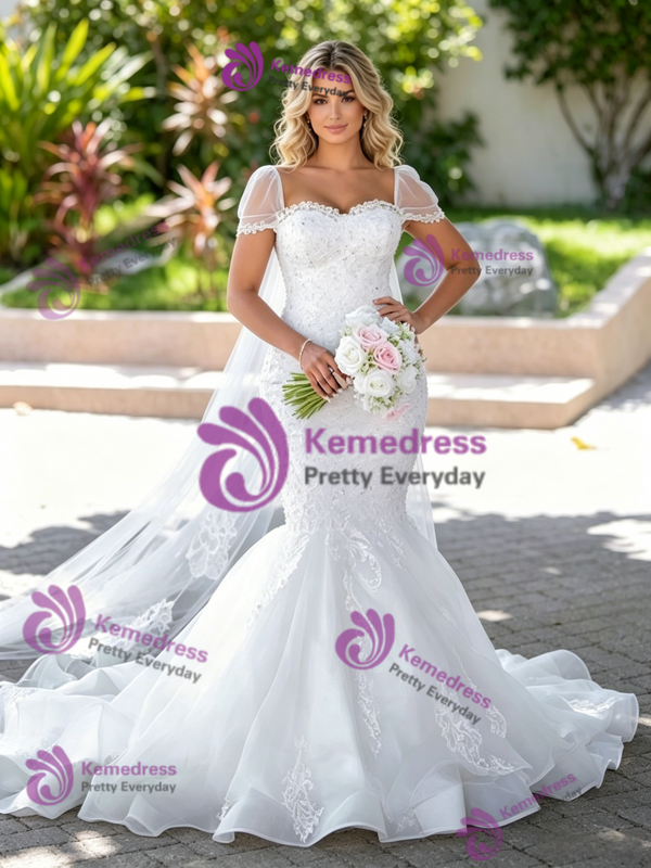 White Mermaid Tulle Lace Appliques Wedding Dress