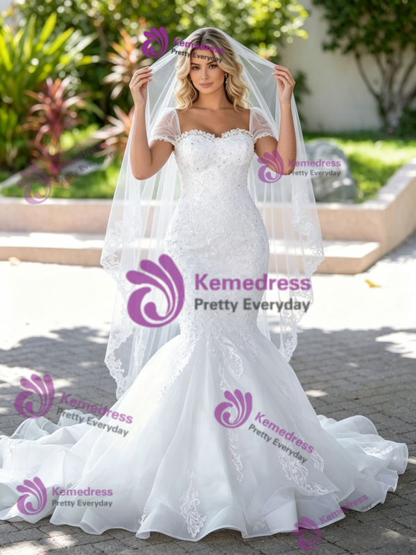 White Mermaid Tulle Lace Appliques Wedding Dress