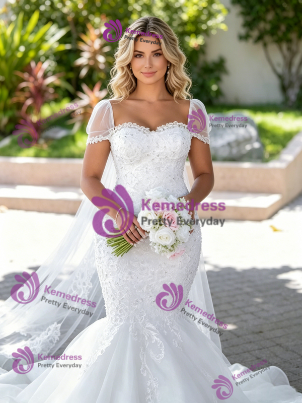 White Mermaid Tulle Lace Appliques Wedding Dress