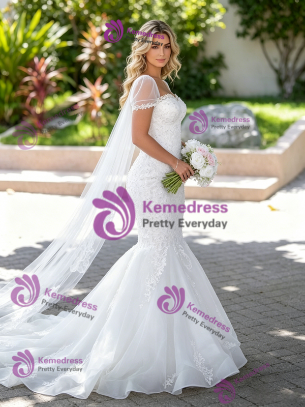 White Mermaid Tulle Lace Appliques Wedding Dress