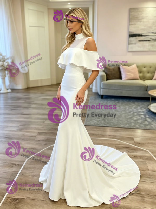 White Mermaid High Neck Wedding Dress